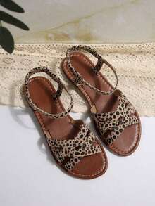 女士新款圆头套脚平底拖鞋，简约搭扣平底凉鞋，时尚简约平底凉鞋，舒适休闲旅行沙滩鞋，有白色、棕色、黑色、豹纹、碎花图案可选，适合夏季穿搭 - 彩色 - 查看 6