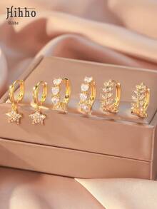 Hihho 6pcs/Set Luxury Elegant Minimalist Versatile Zirconia Inlaid Flower, Heart, Branch Designed Hoop Earrings Set, Suitable For Daily, Business, Formal, Anniversary, High-End Club Occasions - Multicolor - View 11