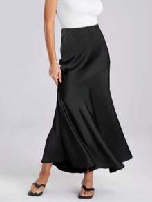 Women's Black Polyester Mermaid Skirt Long Length Ruffle Hem Elegant Style - Black - View 3