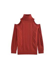 红色针织露肩吊带圣诞毛衣，女士秋冬新款休闲高端费尔岛图案套头衫 - 紅色 - 查看 4