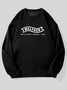 Men WALTHER Logo Casual Crew Neck Sweatshirt With Lettering Loose Fit Long Sleeve Comfortable Pullover For Casual Attire Everyday Comfort Apparel Relaxed Fit Sweatshirt Smooth Texture Fabric - màu đen - Xem 2