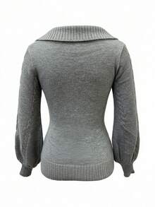 Fashionable Style Rabbit Ear Collar Waist Cinched Soft & Fluffy Fitted Women Knit Sweater, Valentine Tops For Women, Winter/Spring - Grey - View 10