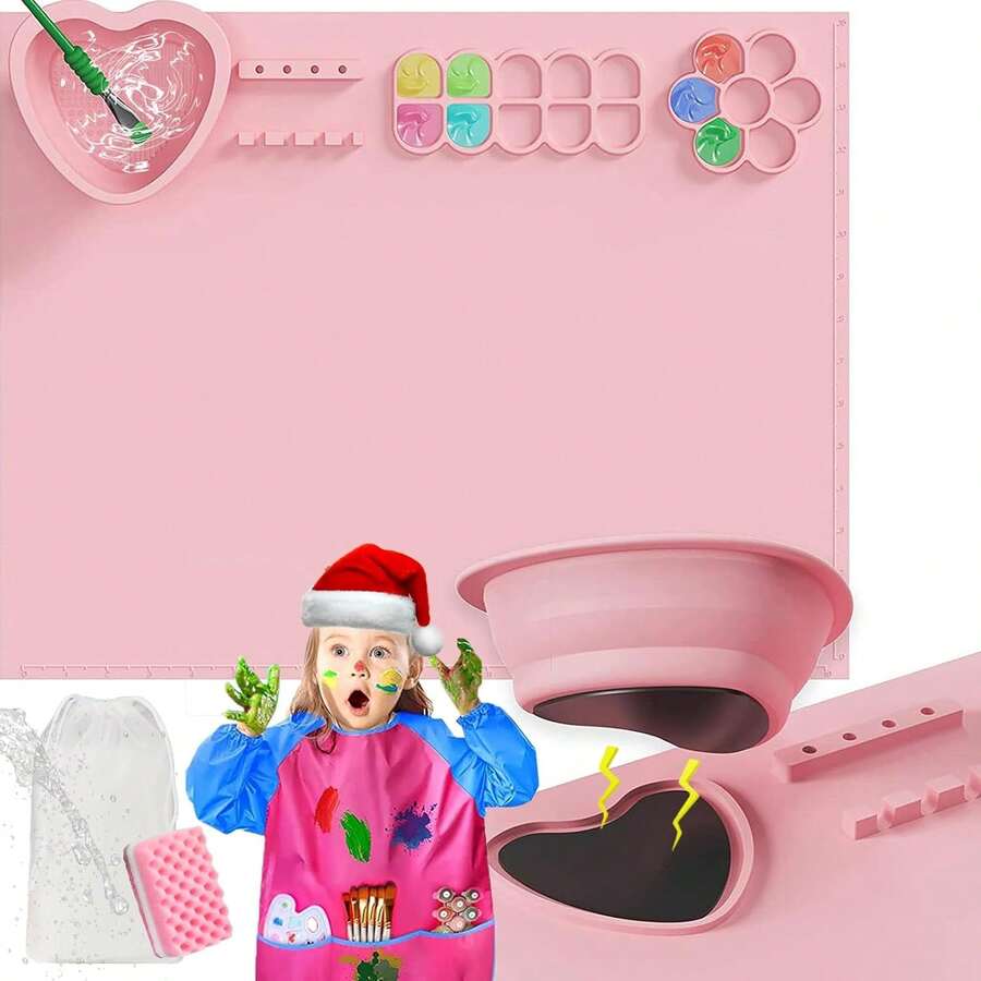 EstiloTendenciaAlfombrilla De Silicona Para Pintura AcríLica Con Taza De Limpieza Desmontable, Paletas, Soportes Para Pinceles,20 * 16 Pulgada Juego Pintura Para NiñOs, Regalo, Pintura, Arcilla (Rosa)Calidad PremiumVersióN Mejorada - Rosa - Ver 1