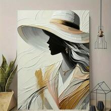 Impresión de arte abstracto de una sola pieza plana 2D, elegante dama con sombrero - Retro moderno, dorado, marrón, verde, rosa, naranja, rojo, morado - Decoración de pared en lienzo con marco de madera - Multicolor - Ver 2