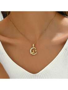 1件18K镀金不锈钢立方氧化锆月亮猫项链，韩版时尚休闲简约百搭吊坠，适合女性日常、通勤、街头、派对、情人节、母亲节、节日佩戴（OPP袋包装） - 金黃色 - 查看 3