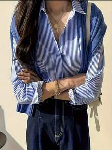 Blusa de mujer de manga larga con botones y rayas, de material de poliéster versátil, adecuada para uso diario en primavera - Azul - Ver 3