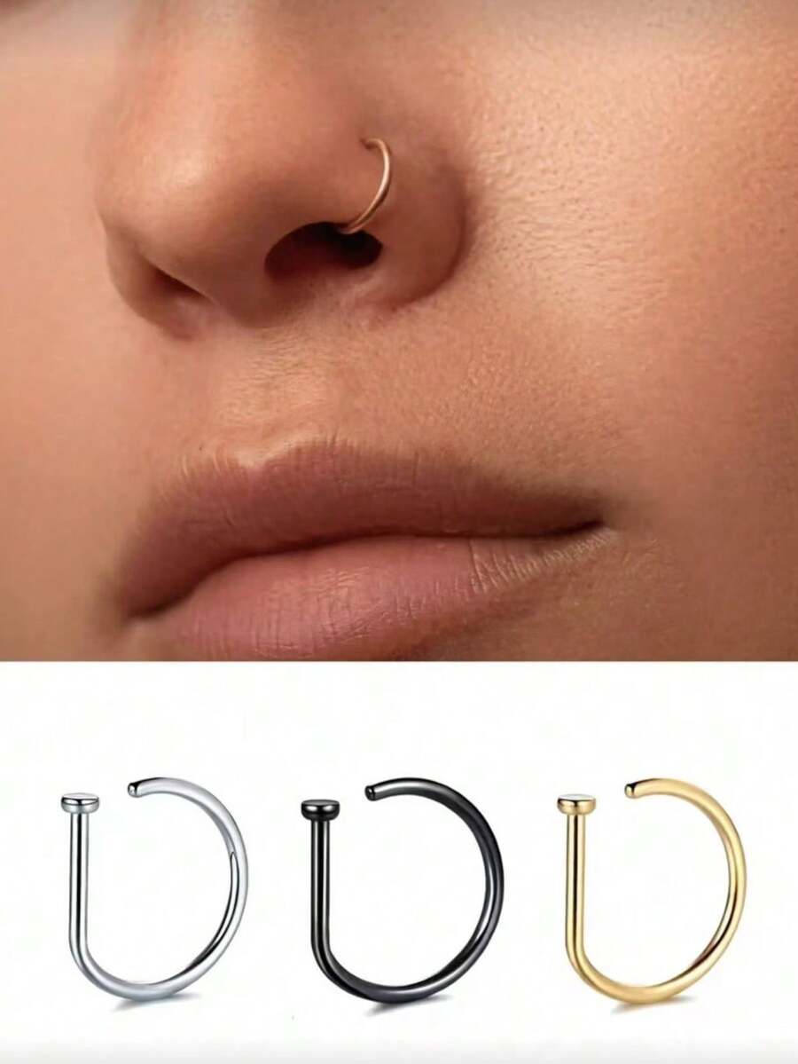 1/3/5Pcs Elegant Gold-Plated D-Shape Fake Piering Nose Ring Women Fashion 14K Golden Punk Non Piercing Nose Clip Stainless Steel Perforation Septum Suitable For Teenagers Body Suitable For Daily Wear And Vacation Jewelry Gifts