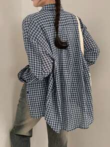 经典格子时尚韩版休闲宽松长袖上衣，新款外套衬衫 - 藏青色 - 查看 4