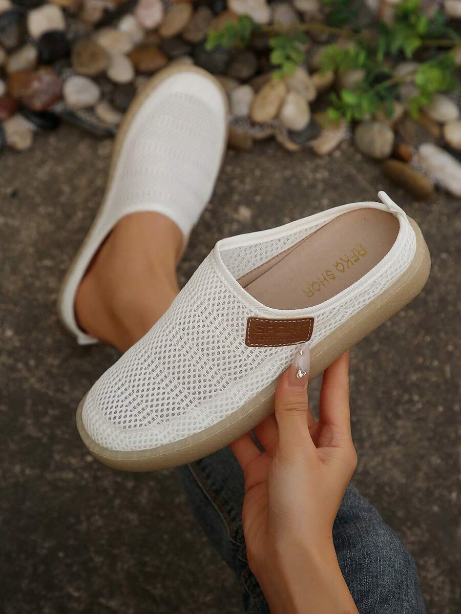 Women's Breathable Hollow-Out Linen Mules, Perforated Mesh Slip-On Sandals, Versatile Soft Sole Summer Shoes - Beige - View 1