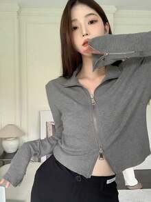 Women's Solid Color Stand Collar Fishbone Short Jacket, Slim Fit Zip-Up Long Sleeve Top - Grey - View 7