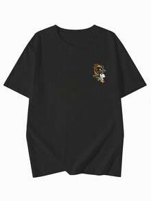 女士休闲圆领宽松纯棉T恤，字母和小熊印花，适合春夏穿着 - 黑色 - 查看 4