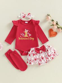 Conjunto de San Valentín para niña: mono con papas fritas antes que chicos, falda con papas fritas, diadema y calentadores de piernas, ropa de primavera - Rojo - Ver 5