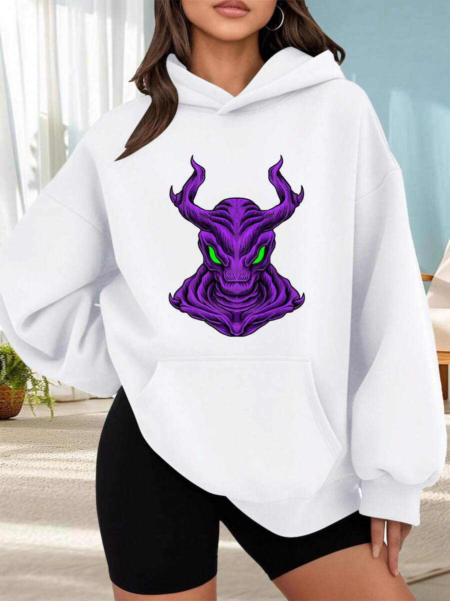 Fashionable Hooded Sweater For Women. Black Hoodie With Purple Dragon Print And Green Eyes. Fantasy Design For Women. Casual Urban Style For Everyday Wear. Perfect For Dates, Outings, And Holiday Gifts. The Best Choice For A Date. - 白色 - 查看 1