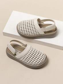 柔软杏色针织镂空凉鞋，甜美透气，夏季必备单品，女童防滑针织镂空凉鞋，透气休闲罗马鞋，配有可调节绑带 - 杏色 - 查看 1