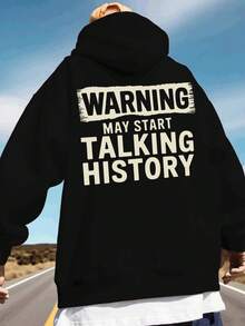 Advertencia: puede empezar a hablar sobre historia. Sudadera de gran tamaño de moda otoño invierno para hombres, nueva sudadera con estampado en la espalda, sudadera con capucha para parejas, sudadera deportiva versátil y casual, sudadera suelta - sudadera casual, regalo de Navidad para familiares y amigos, talla, atuendo festivo, moda urbana, costura de alta calidad, ajuste cómodo, sudadera con capucha, moda masculina - Negro - Ver 3