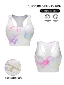 2pcs Seamless High-Elasticity Print Sportswear,Women's Racerback And Detachable Chest Pad Design Underwear,High Waist And Tucked Abdomen Sports Leggings For Women,Workout Sets For Women,Gym Clothes Women - 白印花 - 查看 6