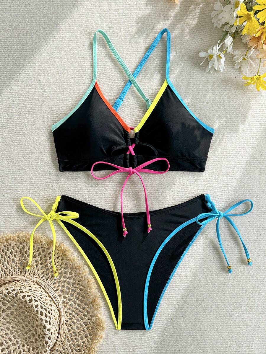 休闲打结撞色饰边交叉绑带度假沙滩比基尼套装 - 黑色 - 查看 1