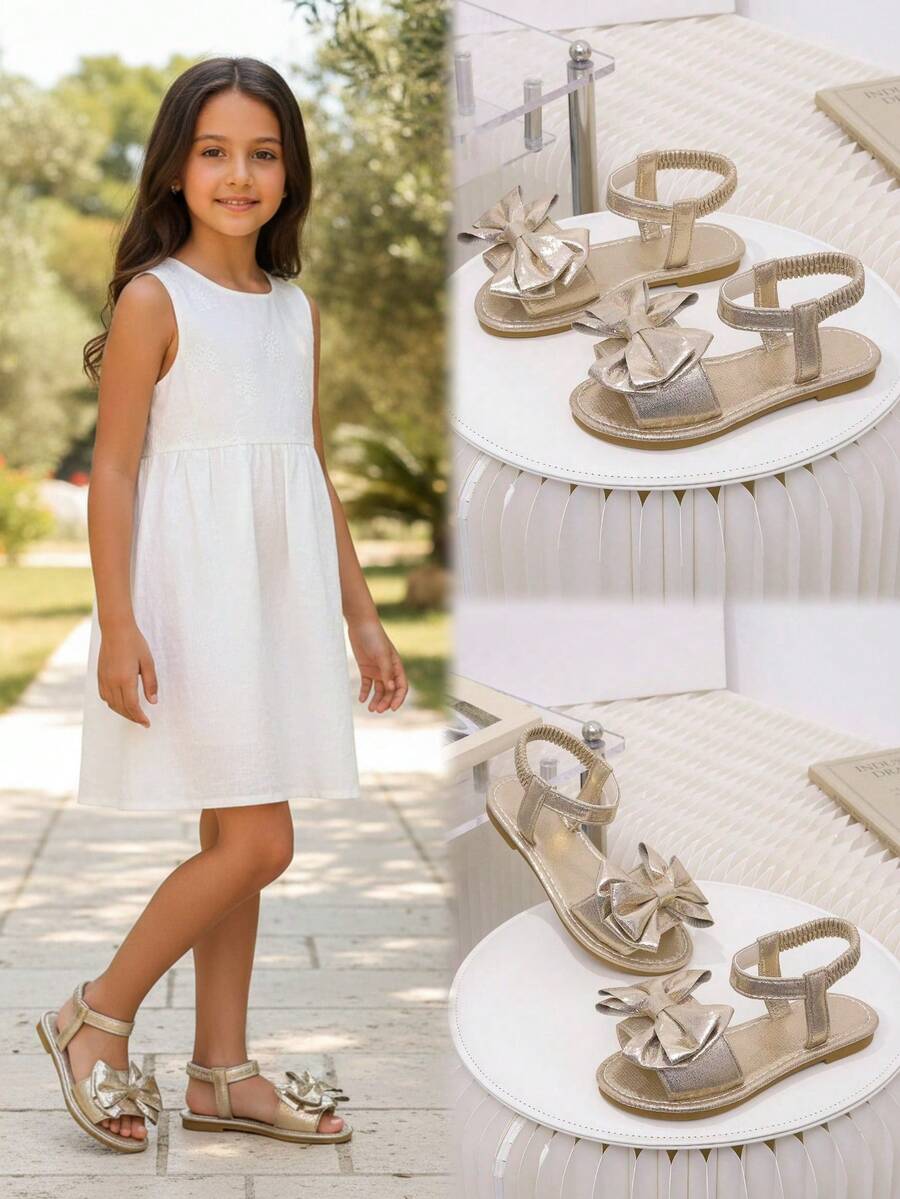 1 pereche de sandale plate la modă pentru copii, piele PU strălucitoare, curea reglabilă cu decor fluture, vârf rotund, sandale plate în stil roman drăguțe, potrivite pentru fete cu vârsta cuprinsă între 5 și 15 ani, zilnic, plajă, petrecere, primăvară/vară - Aur - Vizualizare 1