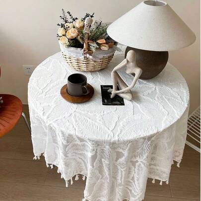 Embossed Jacquard White Palm Leaf Tablecloth | Luxurious Velvet-Like Texture, 4-Sided Tassel Decor, 60x60cm Square Coffee Table Cover, Elegant Aesthetic, White Embossed Jacquard Tablecloth | 3D Palm Leaf Pattern, Hanging Tassel Edges, Thickened Velvet-Like, 60cm Square Table Versatile Decor