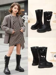 1 Pair Beige Plus Size Classic High-Top Boots For Girls, Solid Color Soft PU Fabric With Side Tassel, Beads And Bow Design, Round Toe, Thick Sole, Height-Increasing, Thermal Lining, Warm, Fashionable And Elegant, Suitable For Daily Casual, Outings, Vacations, Gatherings, Autumn Footwear - Black - View 2