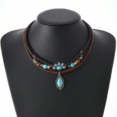 New Turquoise Fashion Multi-Layer Necklace Personalized  Collarbone Chain Hip Hop DIY Necklace