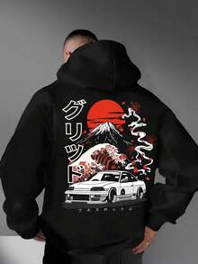 1 Piece Men's Casual Fashion Japanese Style Car Mountain Printed Hoodie, Long Sleeve Pullover, Regular Men's Hoodie - màu đen - Xem 1