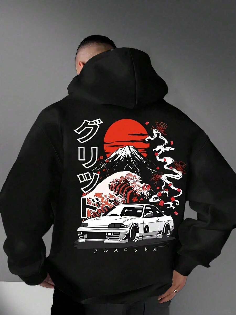 1 Piece Men's Casual Fashion Japanese Style Car Mountain Printed Hoodie, Long Sleeve Pullover, Regular Men's Hoodie - màu đen - Xem 1