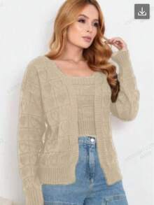 Women's Fashion Long Sleeve Kimono Sweater Two-Piece Winter Coat With Knit Top And Heart Print - Màu be - Xem 2