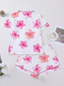 Marira 2pcs/Set Women's Sleepwear Set, Hawaiian Floral Print, Soft Fabric, Short Sleeve Shirt Collar Button-Up Top And Elastic Shorts, Stylish Outfit For Outdoor, Party, Holiday, Casual All Season Home & Lounge Wear - 白色 - 查看 2
