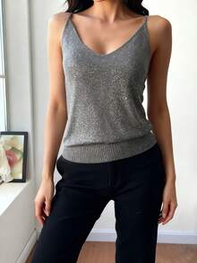 Fashion Sexy Glitter Summer Women Tank Top Casual Rib Camis - Grey - View 5