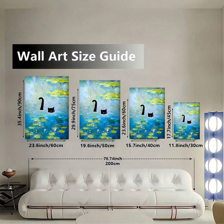 2D Plano, 1 Pieza, Pintura Decorativa de Estanque de Gato Flotante, Marco de Madera, Arte de Pared en Lienzo, Diseño Retro Moderno, Póster Impreso de Alta Calidad, Decoración Elegante para Oficina en Casa, 2D Plano - Multicolor - Añade 4