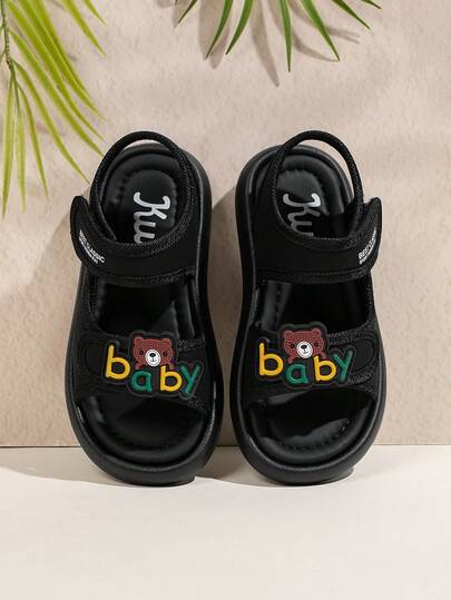 1双儿童熊图案休闲百搭魔术贴软底防滑新款凉鞋，露趾设计，适合小学生穿着