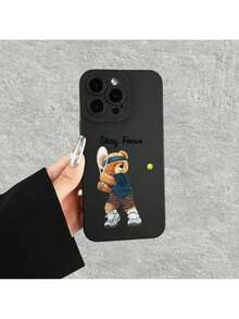 UE (DE et ES) Étui de téléphone moderne avec un ourson mignon jouant au tennis, convenant aux modèles 16, 15, 14, 13, 12, 11, XS, XR, X, 7, 8 Plus, Pro, Max et Mini. - Noir - Voir 7
