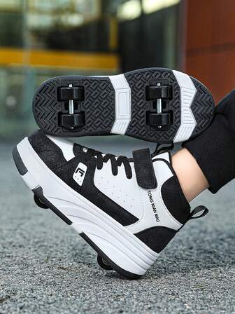 4-Wheel Roller Skate Shoes For Boys And Girls, New Kids Roller Sneakers, 4-Season PU Leather Lightweight Durable Roller Shoes, Fashionable Hook And Loop Adjustable High-Top Double Wheel Invisible Roller Skates, Removable Wheels, 2-In-1 Roller & Ice Skates, Wheeled Sports Shoes