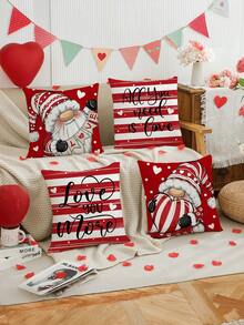 Valentine's Day Throw Pillow Covers, 17.7x17.7 Inch Striped Throw Pillows Valentine Gnomes Decorative Cushion Case Decoration For Sofa Couch Set Of 4 - Red and White - View 2