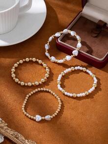 Set de 4 piezas de pulseras elegantes y versátiles con diseño de lazo, perlas falsas y cuentas doradas con forma de corazón, un regalo dulce y elegante para cumpleaños, vacaciones, uso diario, fiestas y festivales - 4 - Ver 3