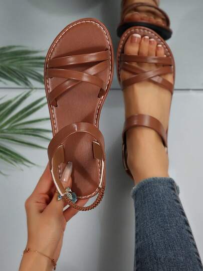 2025 Sommer Neue Mode Flache Kreuz-Riemen Lässig Römersandalen, Große Größen Strandpantoffeln für Frauen