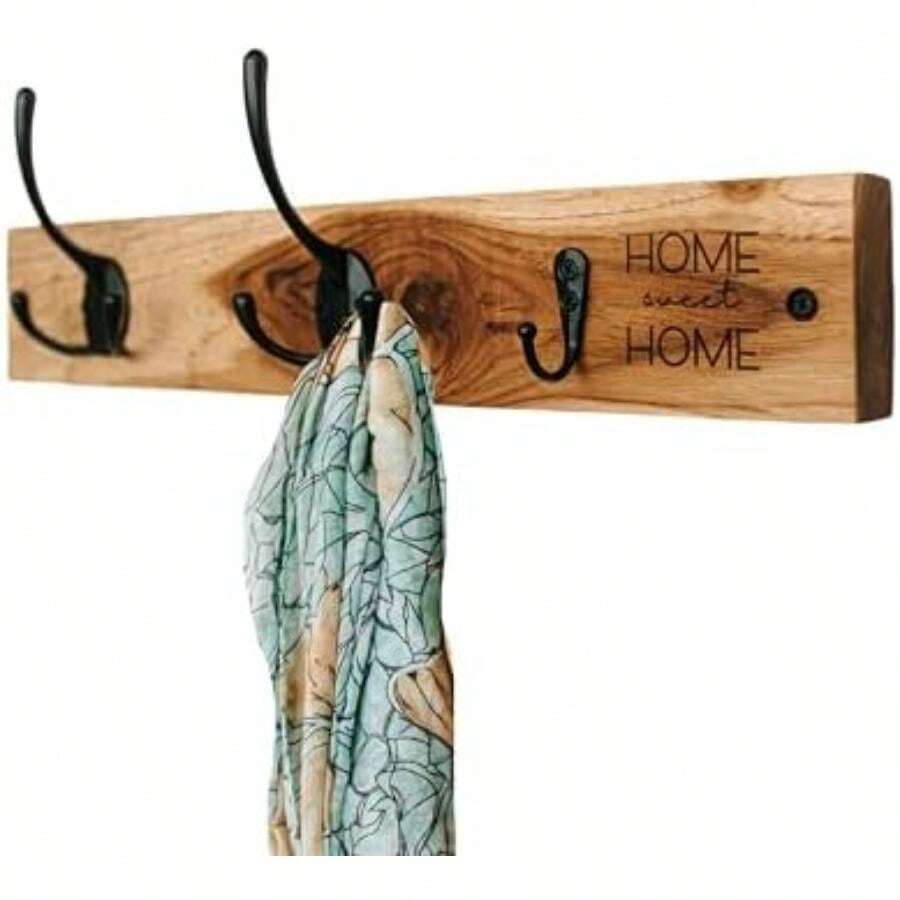 Perchero de pared, Perchero montado en la pared, para colgar, sombrero, bolsa, chamarra, etc. Grabado laser "home sweet home" 40cm x 7cm x 2.5cm ()(teca) - Multicolor - Ver 1