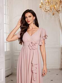 V-Neck Solid Color Chiffon Elegant Crossed Floral 3D Floral High Slit Hem Bridesmaid Dress - Pink - View 6