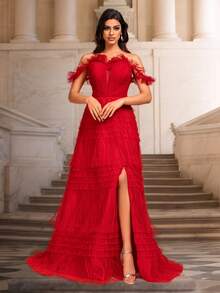 VIPGIRL Elegant Cake Skirt Long Women's Evening Gown - Red - View 1