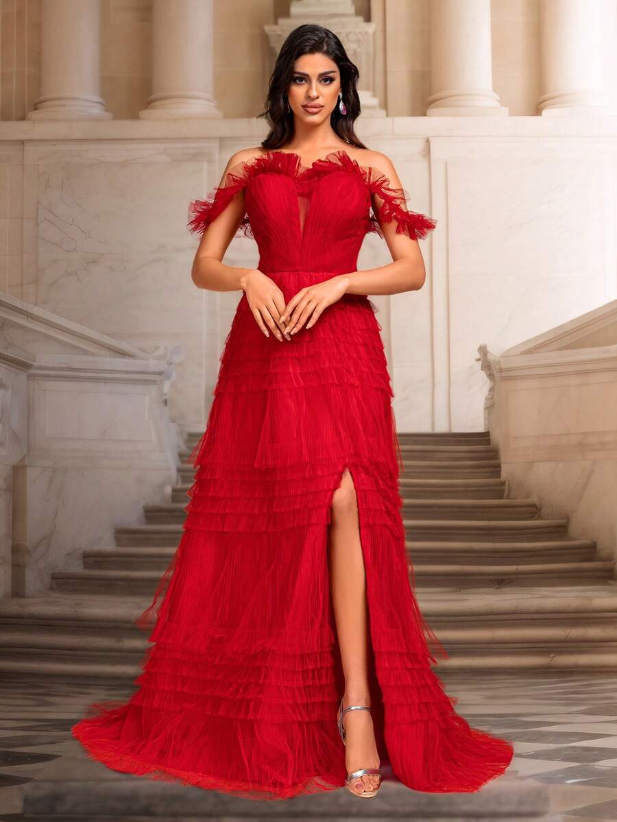 VIPGIRL Elegant Cake Skirt Long Women's Evening Gown - Red - View 1