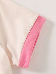 Toddler Girls' Contrast Cuff Short Sleeve Top And Bow Denim Pants - Apricot - View 5