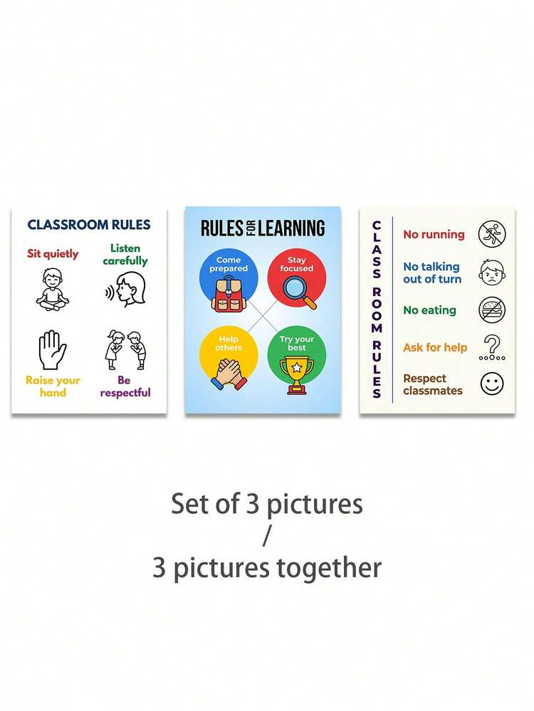 Create A Positive Classroom! 3 Pieces"Classroom Rules" Poster Set - A Back To School Must-Have For Teachers! Cute Cartoon Art Perfect For Classroom, Door & Hallway Decor. - Multicolor - View 9