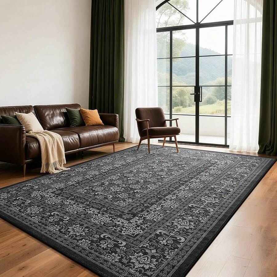 5x7 Vintage Area Rug For Living Room Bedroom, Machine Washable Non Slip Indoor Rug, Thin Throw Floral Low Pile Distressed Carpet For Office Nursery Dining Room Red/Blue, Modern Chic Design - Hitam Vintage - View 1