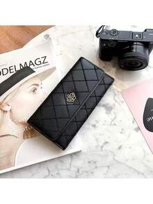 YUQING.FC Cartera larga de diseño geométrico con corona decorativa de tríptico #Hg001, regalo para volver a la escuela, regalo para estudiantes universitarios, regalo para niñas - Negro - Ver 9