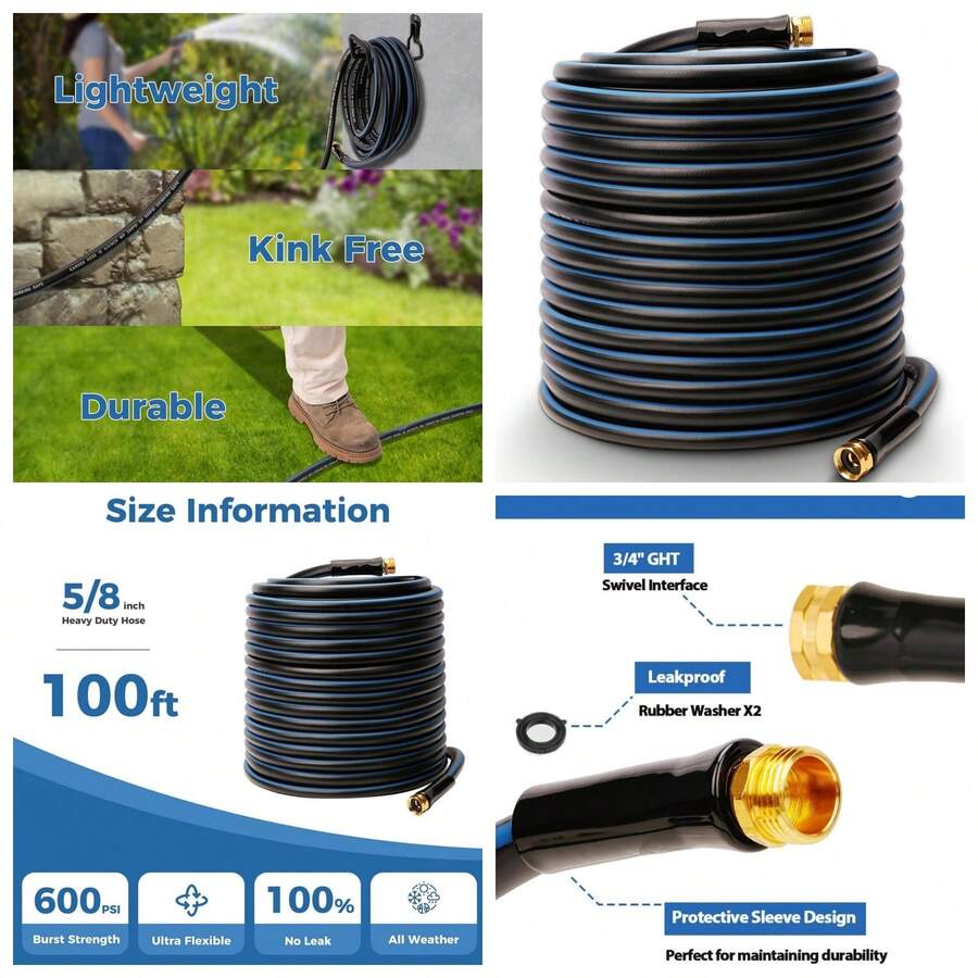 100 Ft Garden Hose 5/8",Heavy Duty Water Hose,Lightweight & Kink Free Rubber Hose With Holder,Male To Female Fittings,Durable & Flexible Hose For Outdoor,Lawn And Car Washing - 黑色 - 查看 1