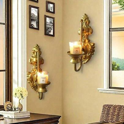 European Retro Wall Mounted Candle Holder, Living Room Bedroom Wall Decor, Gold Iron Candle Cup Decoration