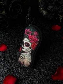 1pc Sugar Horror Skull And Flowers Print Multifunctional Storage Bag Travel Lightweight Portable Zipper Eyeglasses Pouch Soft Spacious Glasses Case For Unisex Eyeglass Frames - Multicolor - View 9