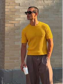 Men's Casual Slim Fit T-Shirt, Basic Dressy Style - 黃色 - 查看 10