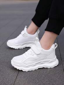 3-14 Years Old Teenagers' Sports Shoes, Mesh & PU Leather Upper, Breathable, Suitable For Spring, Summer, Autumn & Winter, Back To School, New Design, Lightweight, Non-Slip Rubber Sole, Hook And Loop Closure For Easy On/Off, Suitable For Running, School, Outdoor, Training, 4 Colors Available - White - View 4